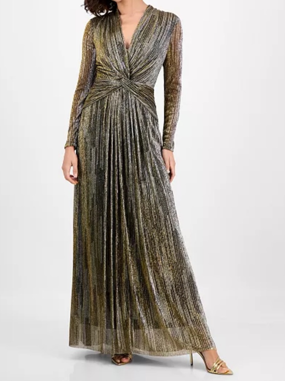 Anne Klein Metallic Twist-Front Long Sleeve Maxi Dress - Gold & Black